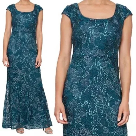 Alex Evenings Cap Sleeve Scoop Neck Embroidered Sequined Gown in Peacock - Picture 2 of 3